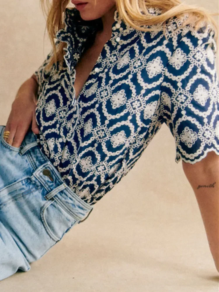

Women Asymmetric Stand Collar Shirt Three-Dimensional Flower Embroidery Short Sleeve Blouse Retro Top for Lady