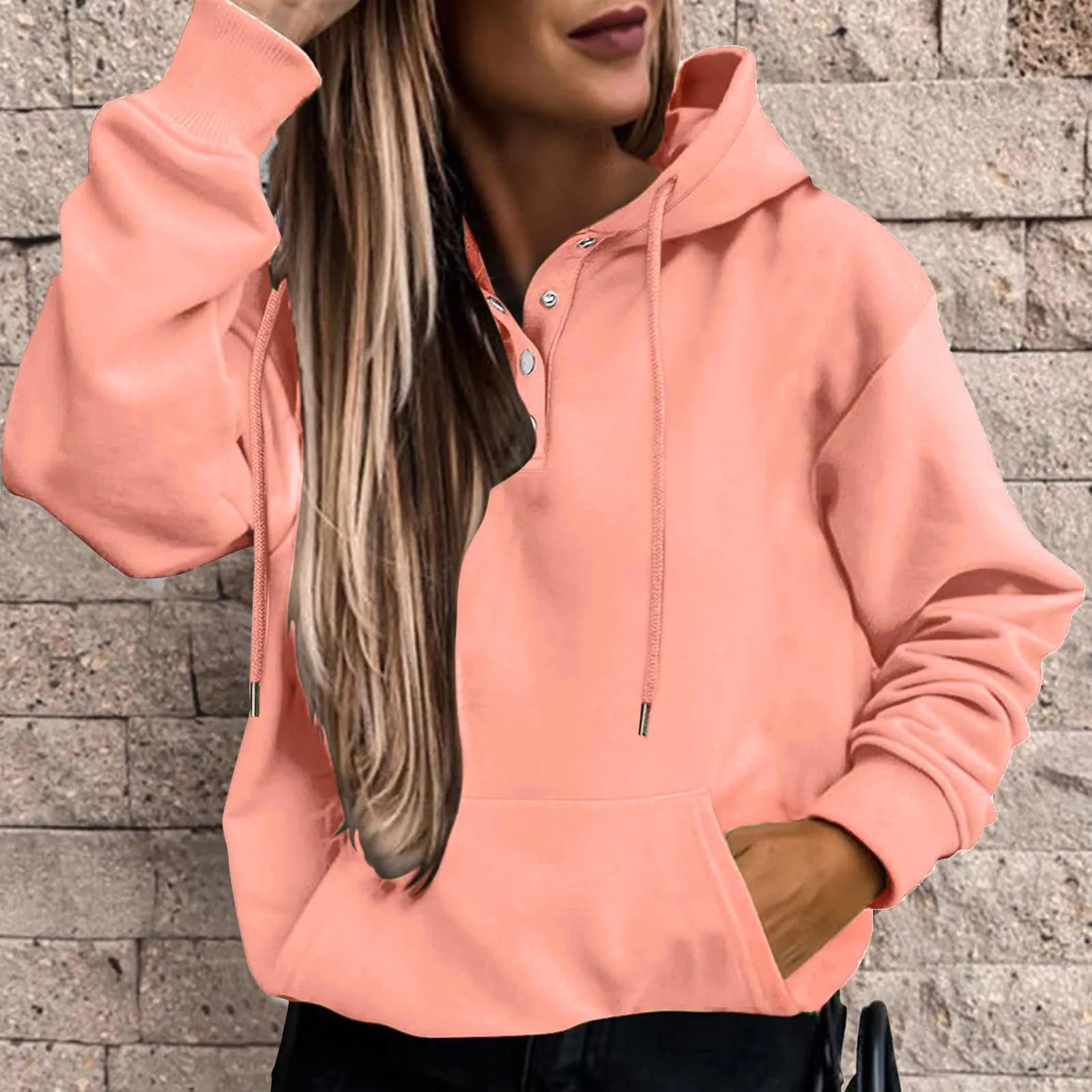 Women Casual Solid Sweatshirt Pocket Hooded Strap Long Sleeve Hoodies Top Autumn Winter Pullover Tops Women Casual Sweatshirts