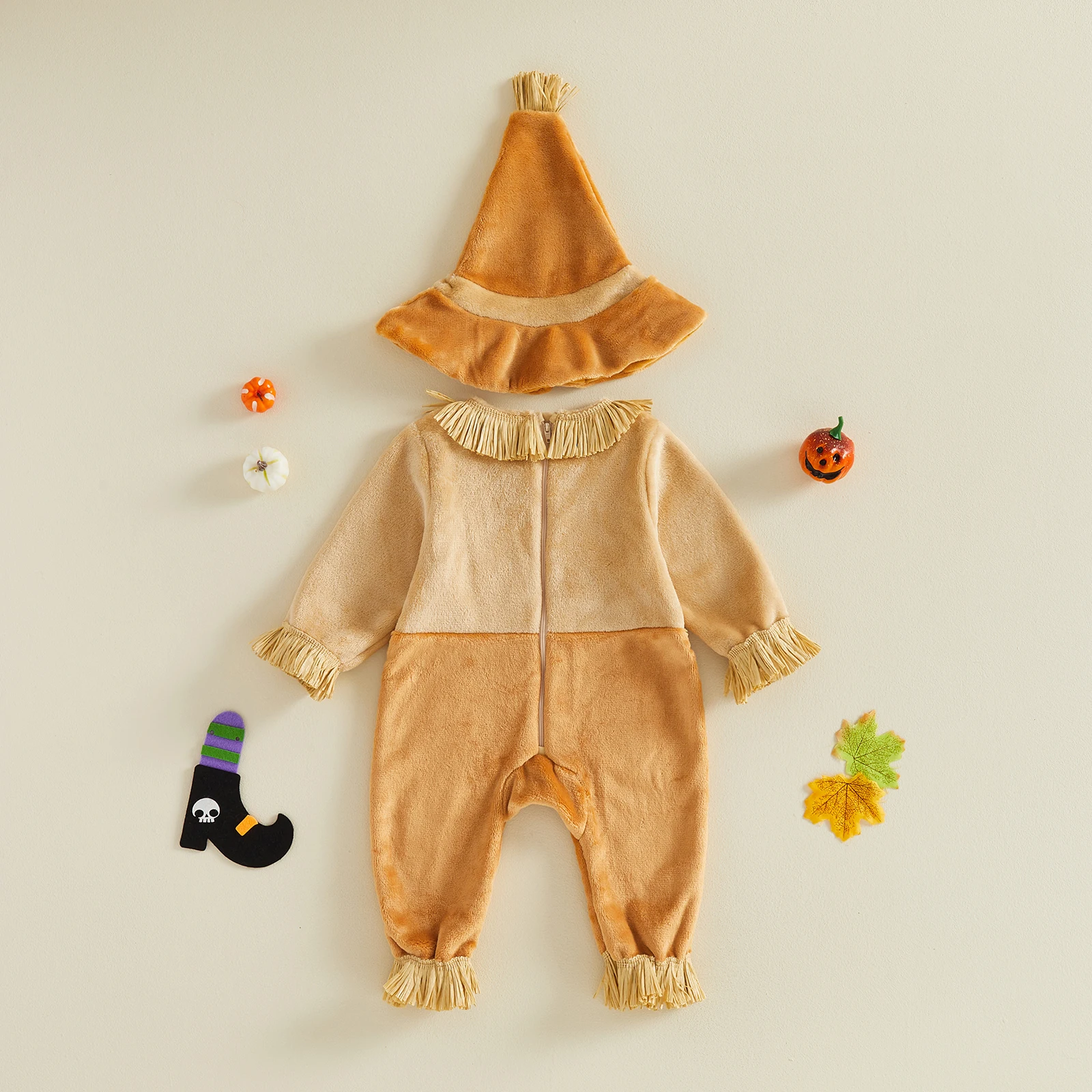Boys Halloween Scarecrow Rompers Costume Long Sleeve Patchwork Jumpsuit and Hat Set Cute Cosplay
