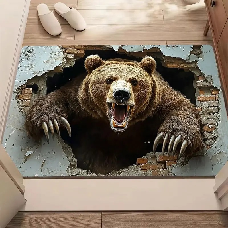 3D Bear Breaking Wall Rug - 2D Flat Printed Non-Slip Flannel Floor Mat for Bedroom & Living Room - Washable Animal Decor Mat
