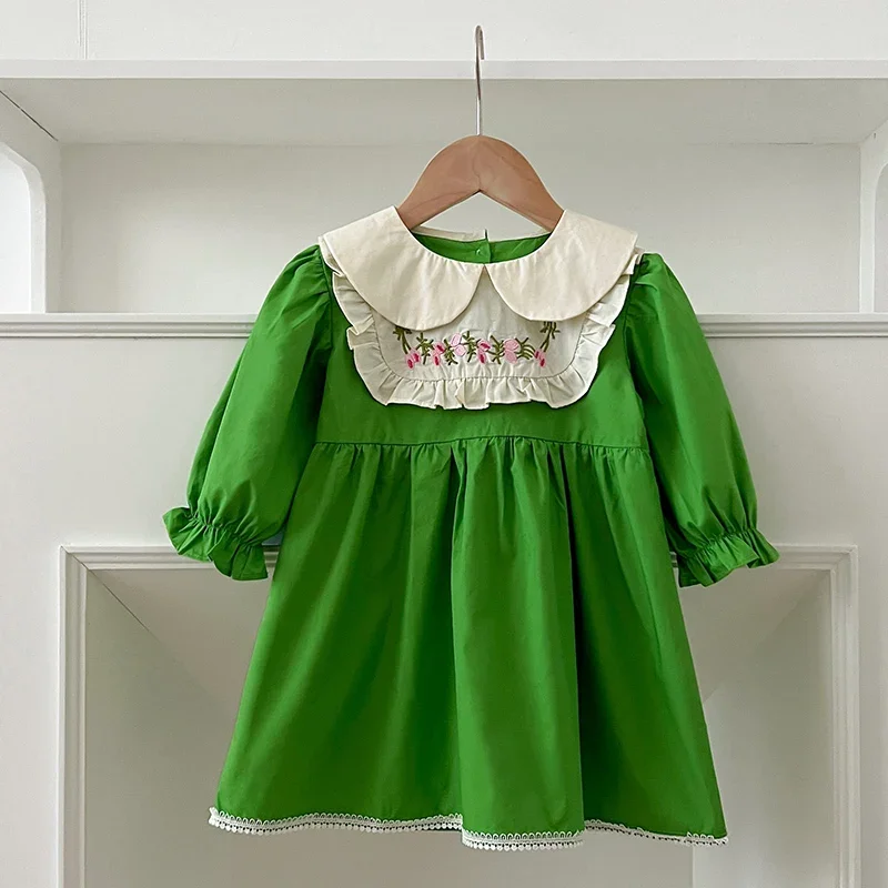 Baby Girl Clothes Sister Clothes Autumn Green Princess Dress Embroider Collar Girl One Piece Clothes Spring Sister Flower Dress