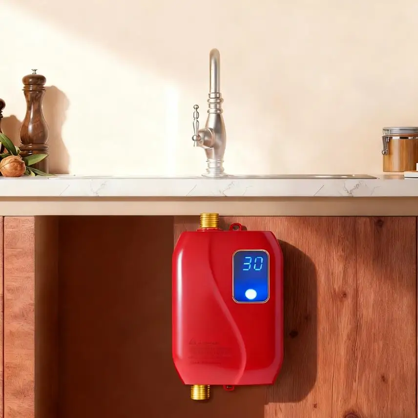 

Red 3KW 110V Mini Instant Tankless Electric Hot Water Heater for Kitchen Washing Bathroom Shower Under Sink Compact Fast Heating