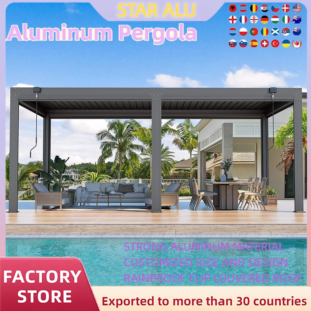 Modern Bioclimatic Aluminum  Pergola customized size  Outdoor Beach Gazebos Luxury waterproof  louver roof With Electric  Screen