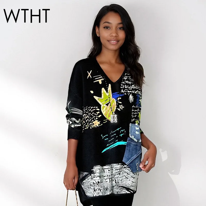 

WTHT модные женские лоскутные вязаные пуловеры с нерегулярным принтом, зима 2023, модный свитер с круглым вырезом и длинными рукавами, женский 1LS2642