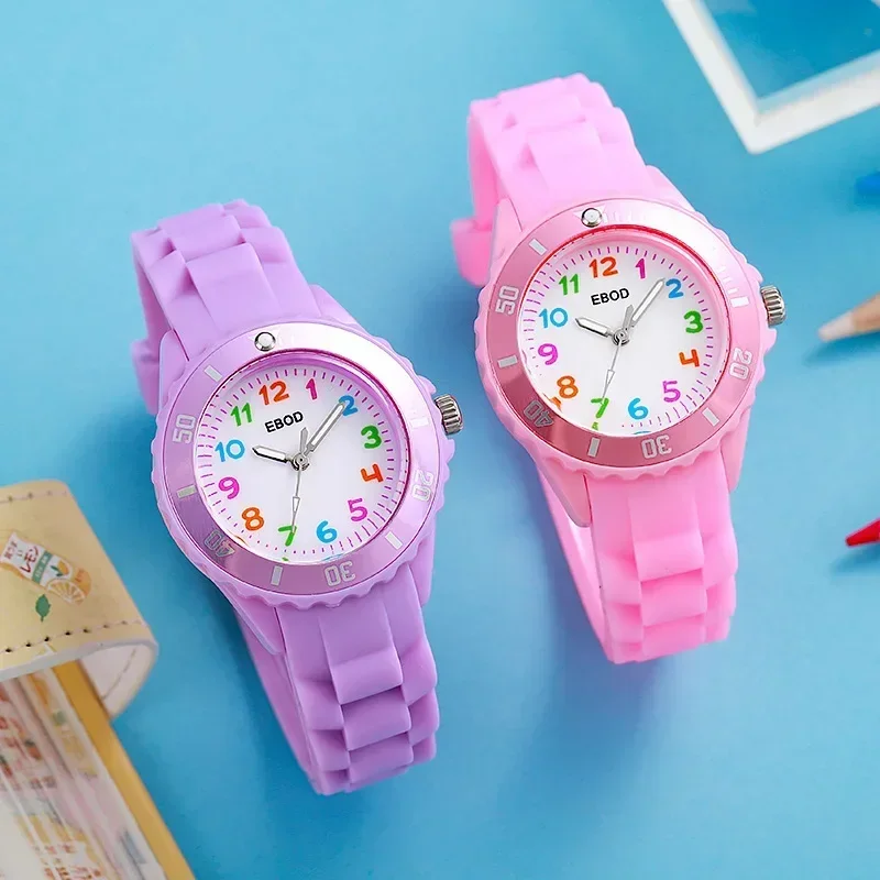 Kids Analog Watch for Boys Girls Soft Silicone Band Colorful Number Cute Watches for Children Water Resistant Quartz Wristwatch