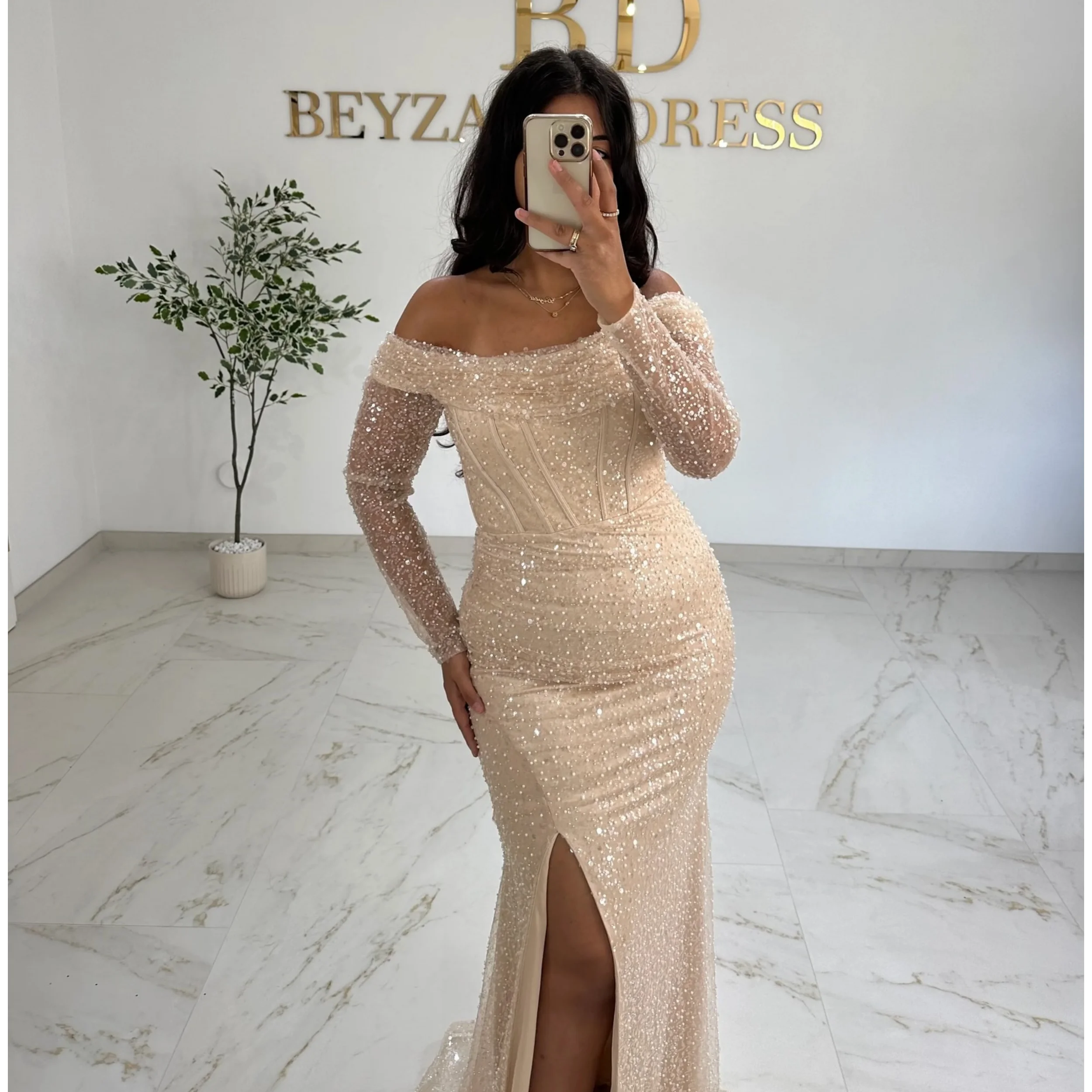 Платья для выпускного вечера цвета шампанского с русалкой по индивидуальному заказу, блестящие платья с длинными рукавами, Vestidos de Soiree, вечерние платья с длинными блестками и разрезом