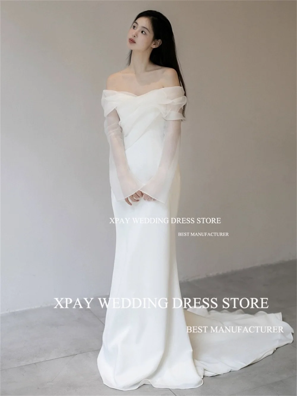 XPAY Schulterfreies Korea-Meerjungfrau-Hochzeitskleid mit langen ausgestellten Ärmeln, Brautkleid, Fotos schießen, rückenfreie Falte, individuelles Brautkleid