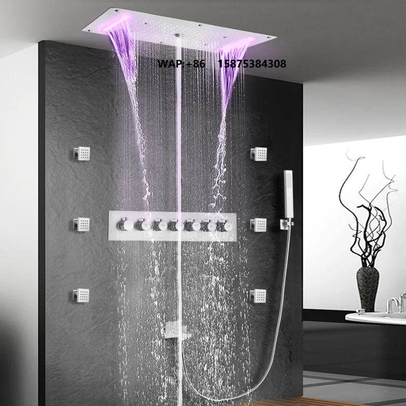 Ceiling Bath & Shower Sets 70*38cm High Pressure Shower Head Chrome Polished Thermostatic Mixer Valve