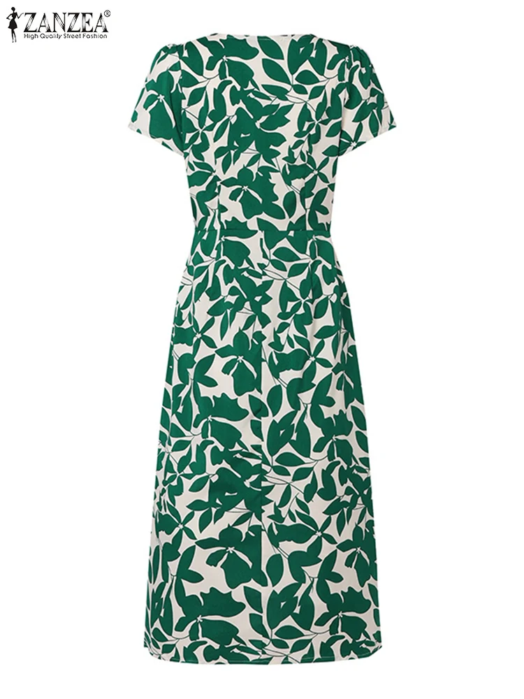 ZANZEA Women Floral Printed Midi Dress Vintage Short Sleeve Robe Fashion Summer V-neck Vestidos Casual Waisted Split Dresses