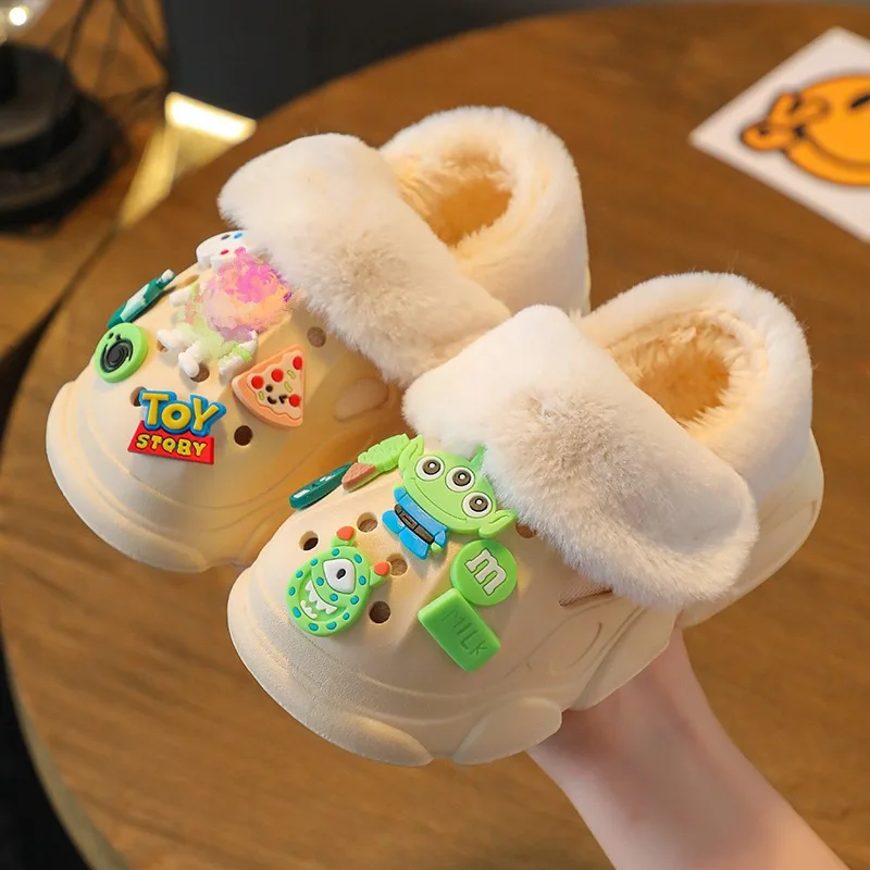 Kids Package Heel Cotton Slippers Cute Cartoon Children Warmly Shoes Waterproof Soft Sole Non-slip Girls Boys Baby Home Footwear