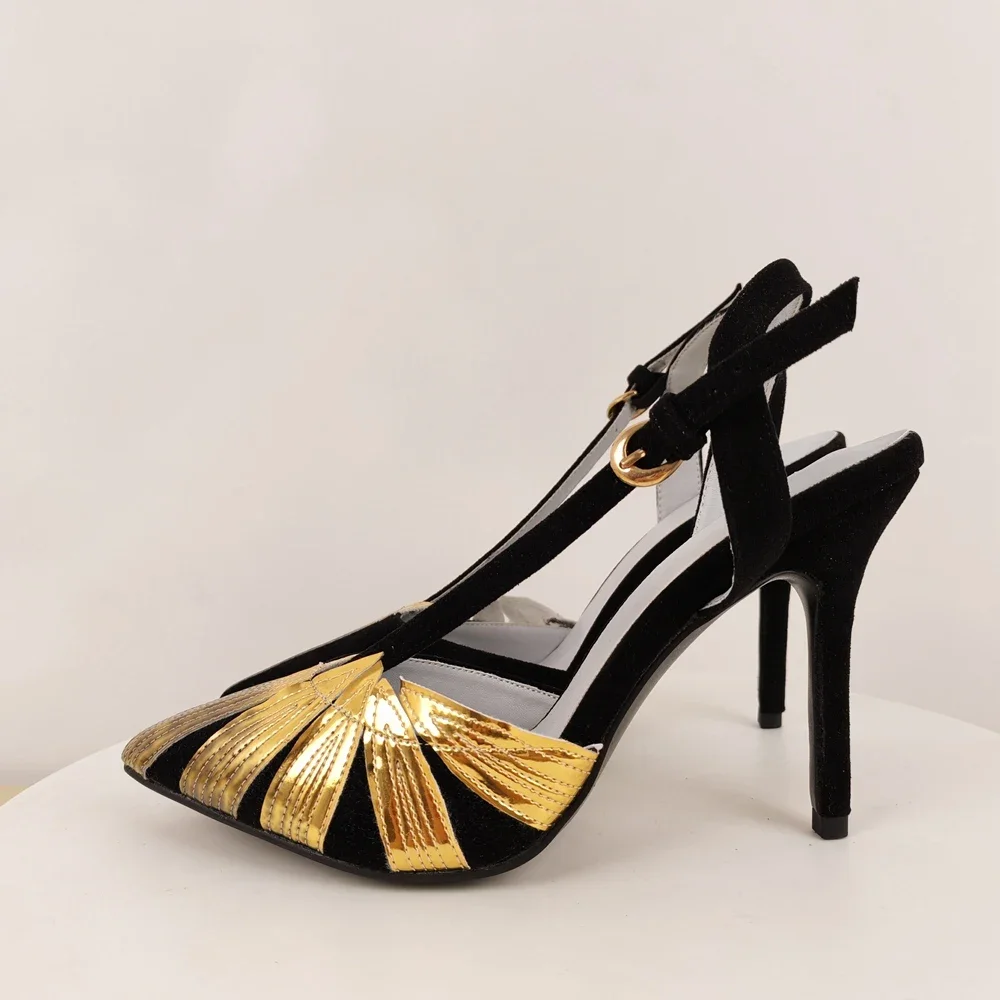 Gold Leaf Pointed Toe Stiletto Sandals High Heels Cross Straps Mixed Color Shallow Pumps Summer Sexy Women Single Shoes