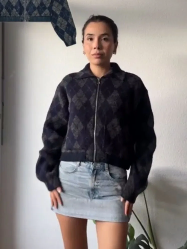 

HH осенне-зимний женский вязаный клетчатый кардиган на молнии с отложным воротником и длинными рукавами, свободная верхняя одежда, теплая куртка, топ