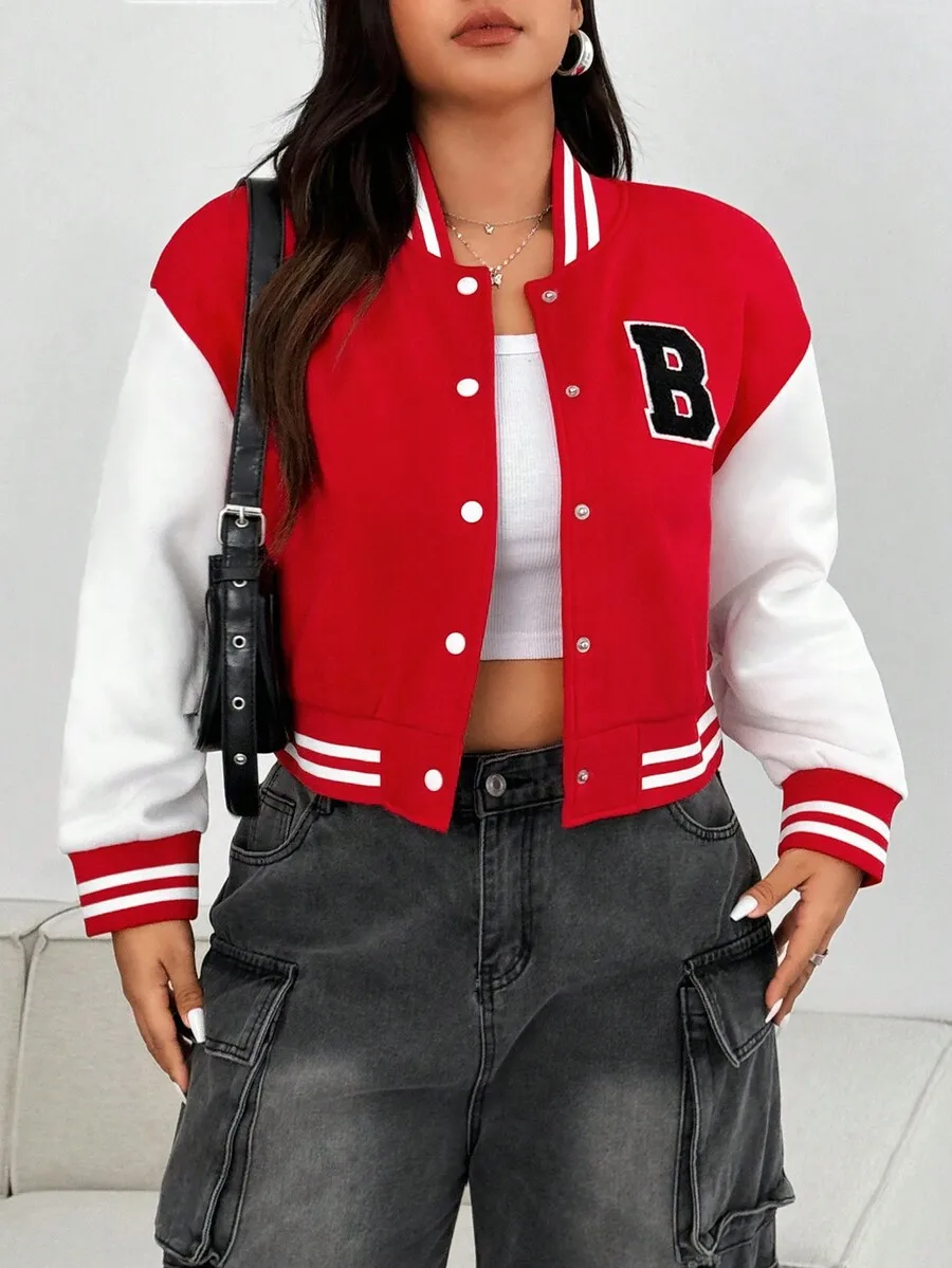 

Red and White Cropped Varsity-Style Jacket with Letter Embroidery
