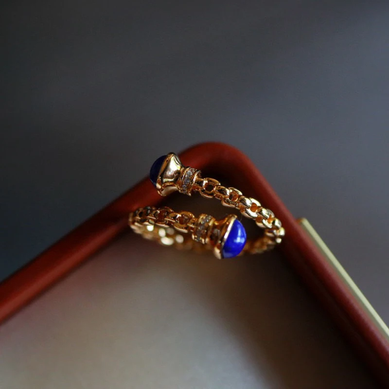 Lapis Lazuli Rings Woman 925 Sterling Silver Jewelry Adjustable Chain Shape Retro Medieval Style Luxury Vintage Dating New In
