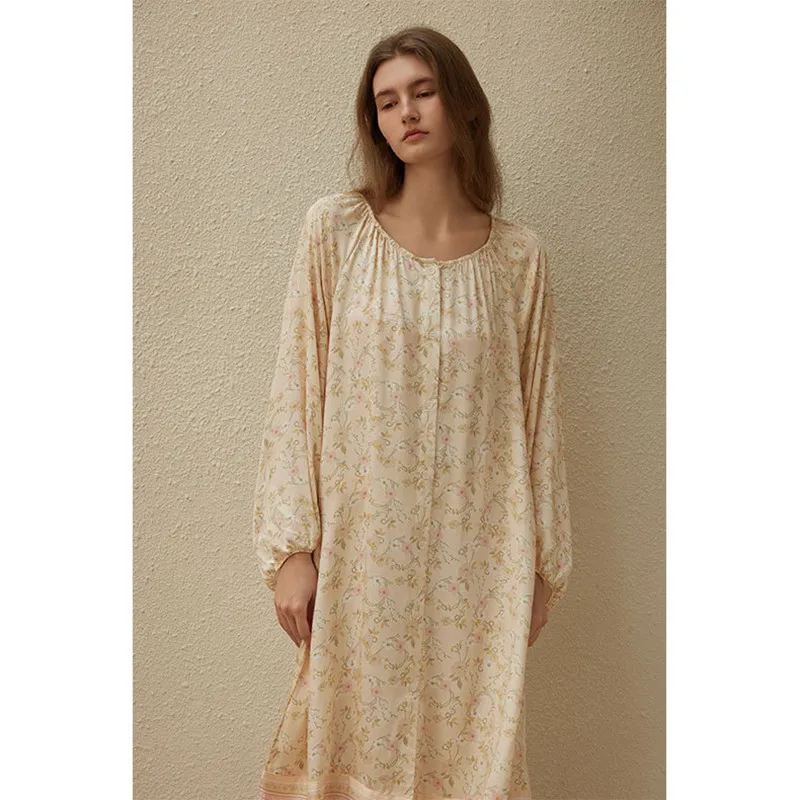 Women Sweet Full Sleeves Printed Nightdress Simple Round Neck Cardigan Knee-Length Nightie Loose Design Viscose Soft Home Dress