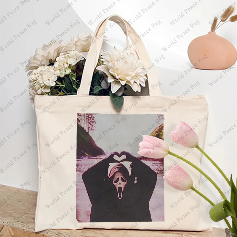 1 pc Ghostface Scream Halloween heart hands pattern Tote Bag Canvas Shoulder Bag For Travel Daily Commute Women's Reusable