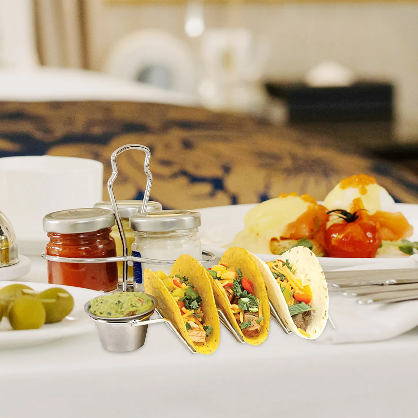 

Stainless Steel Taco Holder with Sauce Cup Compact Stackable Metal Taco Stand for Home Kitchen Restaurant Party Camping Tortilla