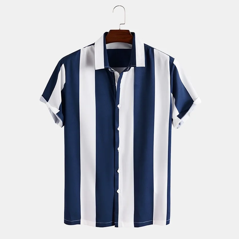 

Blue And White Striped ort Sve irt Wide Stripe Pattern Casual American Sle Summer Faion Youth Linen Blend Fabric