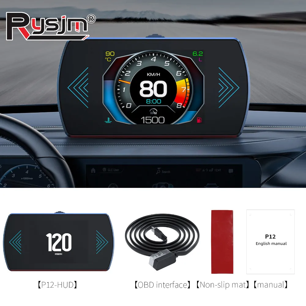 

P12 OBD2 HUD Проекционный дисплей для автомобиля, цифровой спидометр, измеритель скорости, бортовой компьютер, тахометр, датчик температуры воды, напряжения, многоязычный