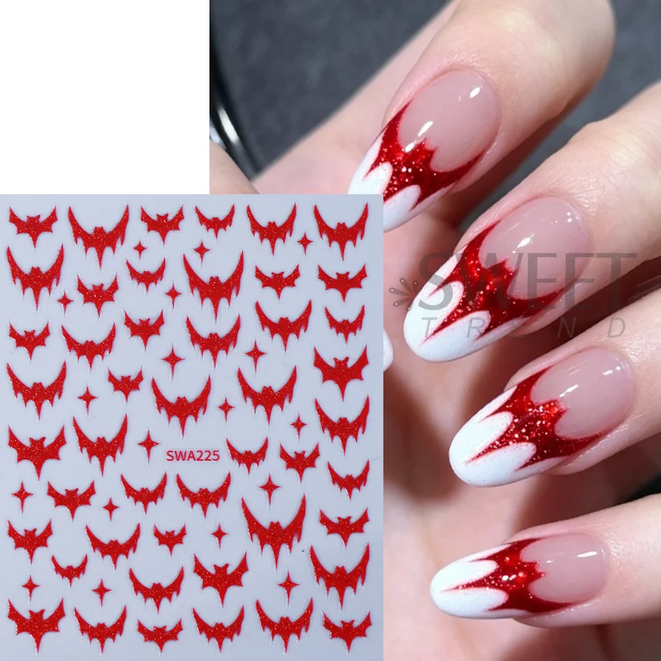 3pcs Gothic Style Bat Nail Stickers Red Black Bat Wings Stars French Design Nail Decals DIY Halloween Manicure Decoration Slider
