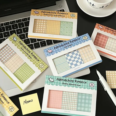 Kawaii Grid Sticky Notes Set, Cute Memo Pads Assorted Colors for Diary Journal Scrapbooking, Stationery Gift for School Office Supplies