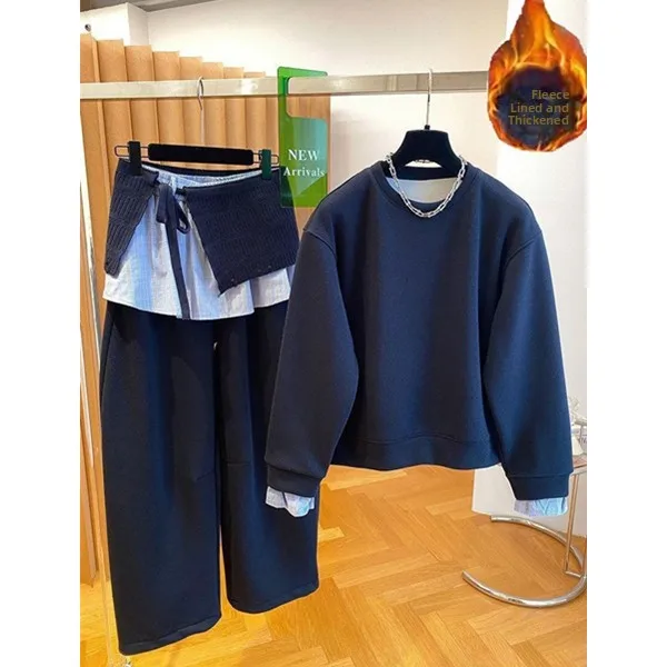 

Fashionable Thickened Fleece Autumn Winter Set Women's Sweatshirt Sweatpants Casual Sportswear High Waist Long Pants round Neck
