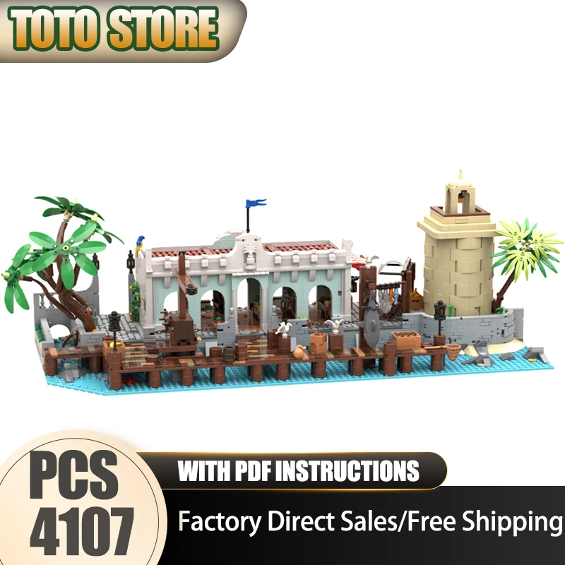 Klocki konstrukcyjne Moc, model Marketu na Brzegu Morza, technologia, modułowy model pirackiej fortecy, zabawka z klocków, montaż DIY, prezenty świąteczne