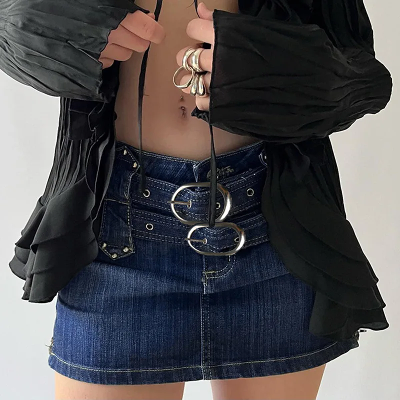 High Waisted Zipper Slim Fit Bag Buttocks Splicing Japanese Button Waistband With Heavy Industry Characteristics Trend Dark Blue