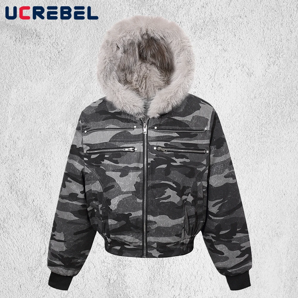 

Camouflage Fur Collar Hooded Quilted Jacket Mens Winter Thick Retro High Street Loose Long Sleeve Padded Jacket Man
