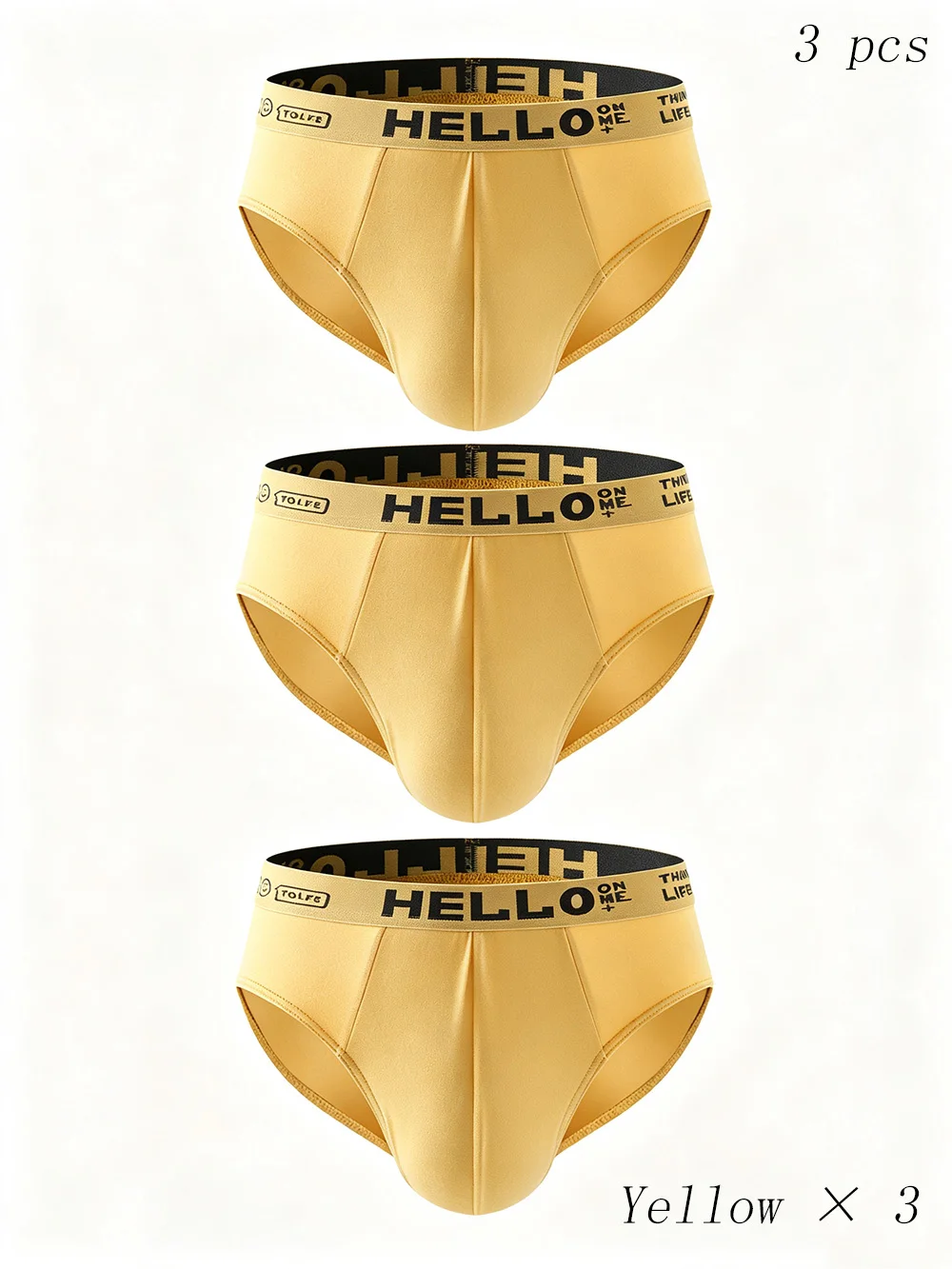 Hello 3-Pack Yellow Milk Silk Men's Briefs Seamless Breathable Quick Dry with Graphic Waistband Comfort Underwear