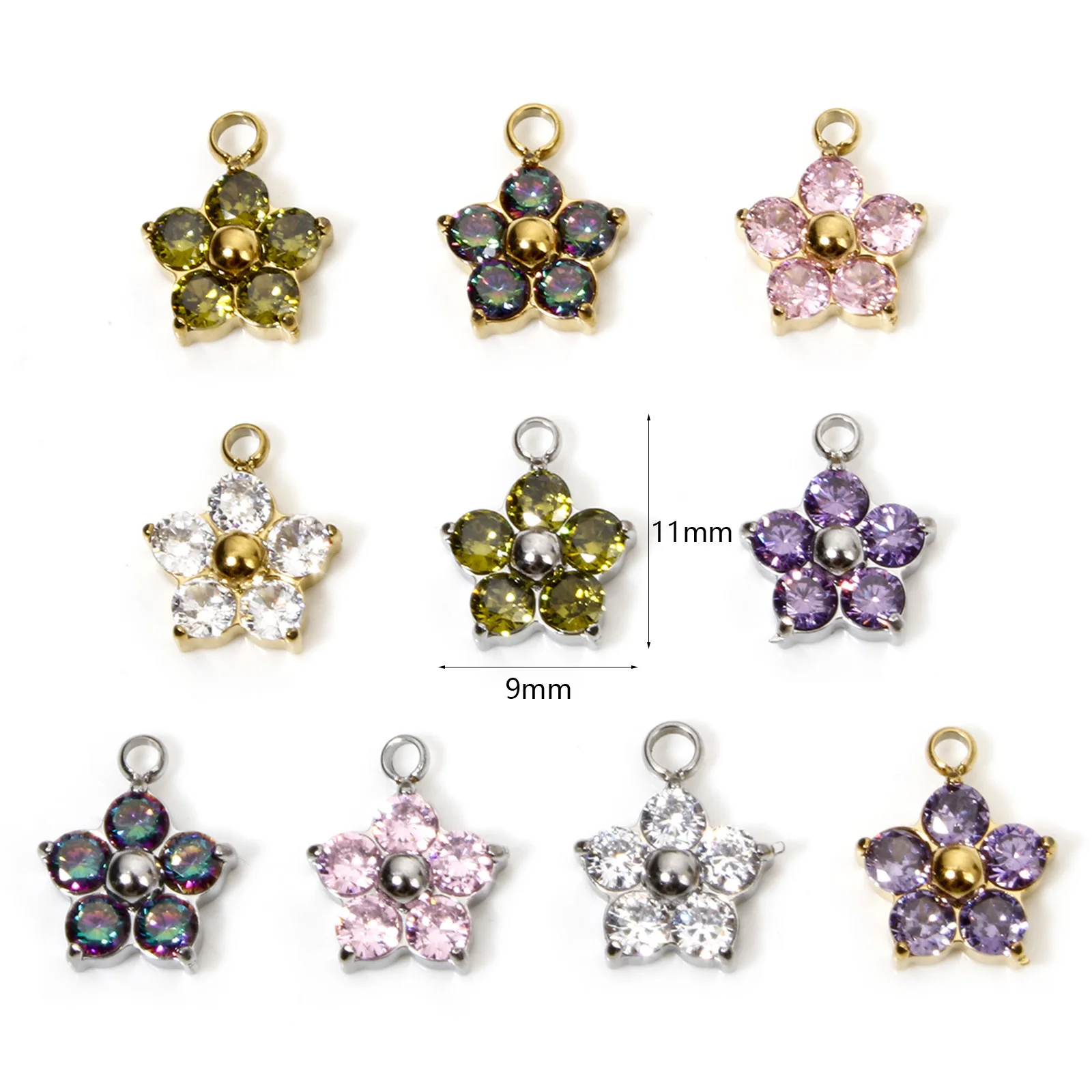 10pcs 304 Stainless Steel Flower Charms Plum Blossom Multicolour Cubic Zirconia Pendant for Jewelry Making Wholesale 11mmx9mm