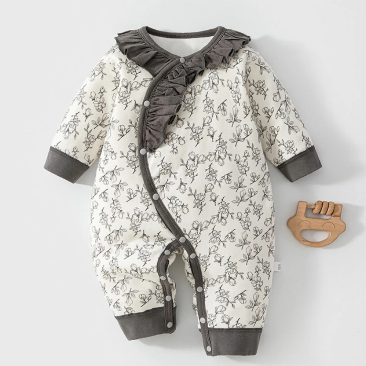 Floral Ruffled Collar Baby Romper Soft Cotton Quilted Side Snaps Onesie Thermal Infant Toddler Jumpsuit Unisex 0-18M Fall Winter