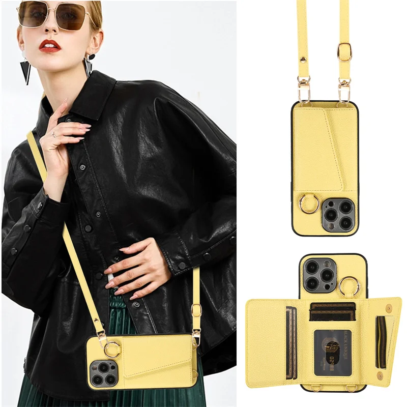 Trendige Crossbody-Hülle mit Lanyard, Make-up-Spiegel und Kartenfächern für iPhone 18, 18 Pro, 16, 17 Pro Max, 15, 14, 13, 12 mit Ringhalter – Detail 13