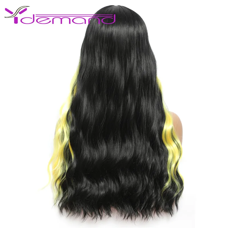 Y Demand Long Neon Wig Body Wave Hair Lady Anime Cosplay Middle Part Synthetic Wig Black Yellow Natural Hairline Wig