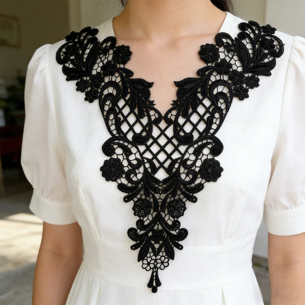 Black Flower DIY Embroidery Patch Fabric Collar Sewing Neckline Lace Applique Dress Home Decoration Repair