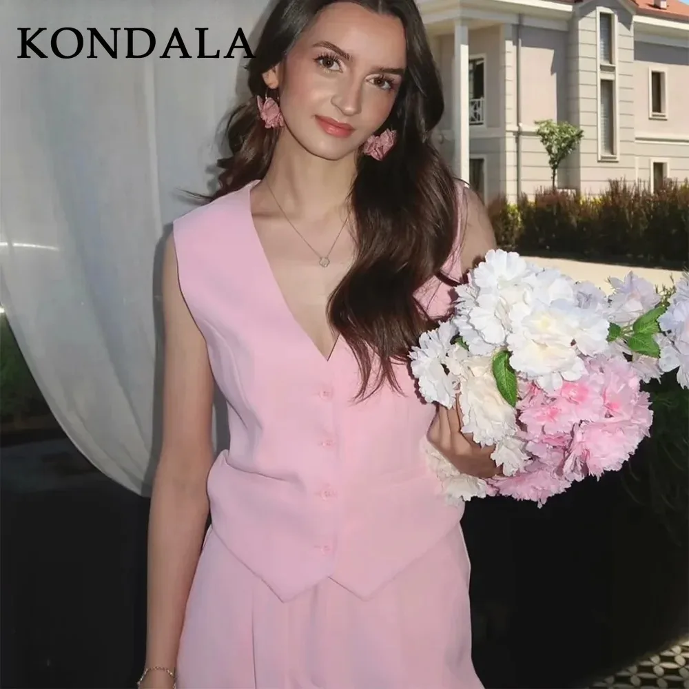 KONDALA 2025 Fall Winter Casual Solid Suits V Neck Sleeveless Single Breasted Vest+Fashion Elegant Mid Waist Wide Leg Pants Set