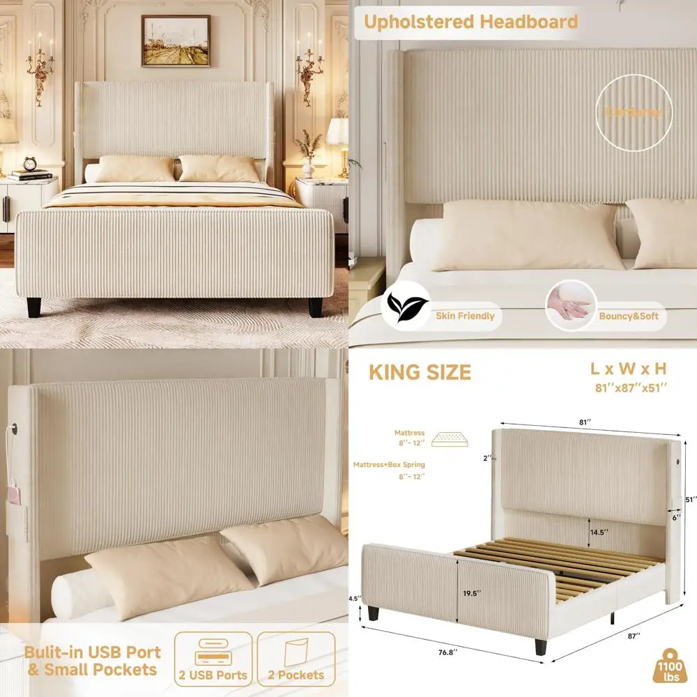 King-Sized Upholstered Bed Frame with Tall Wingback Headboard and Footboard, USB Charging Ports, Simple Assembly