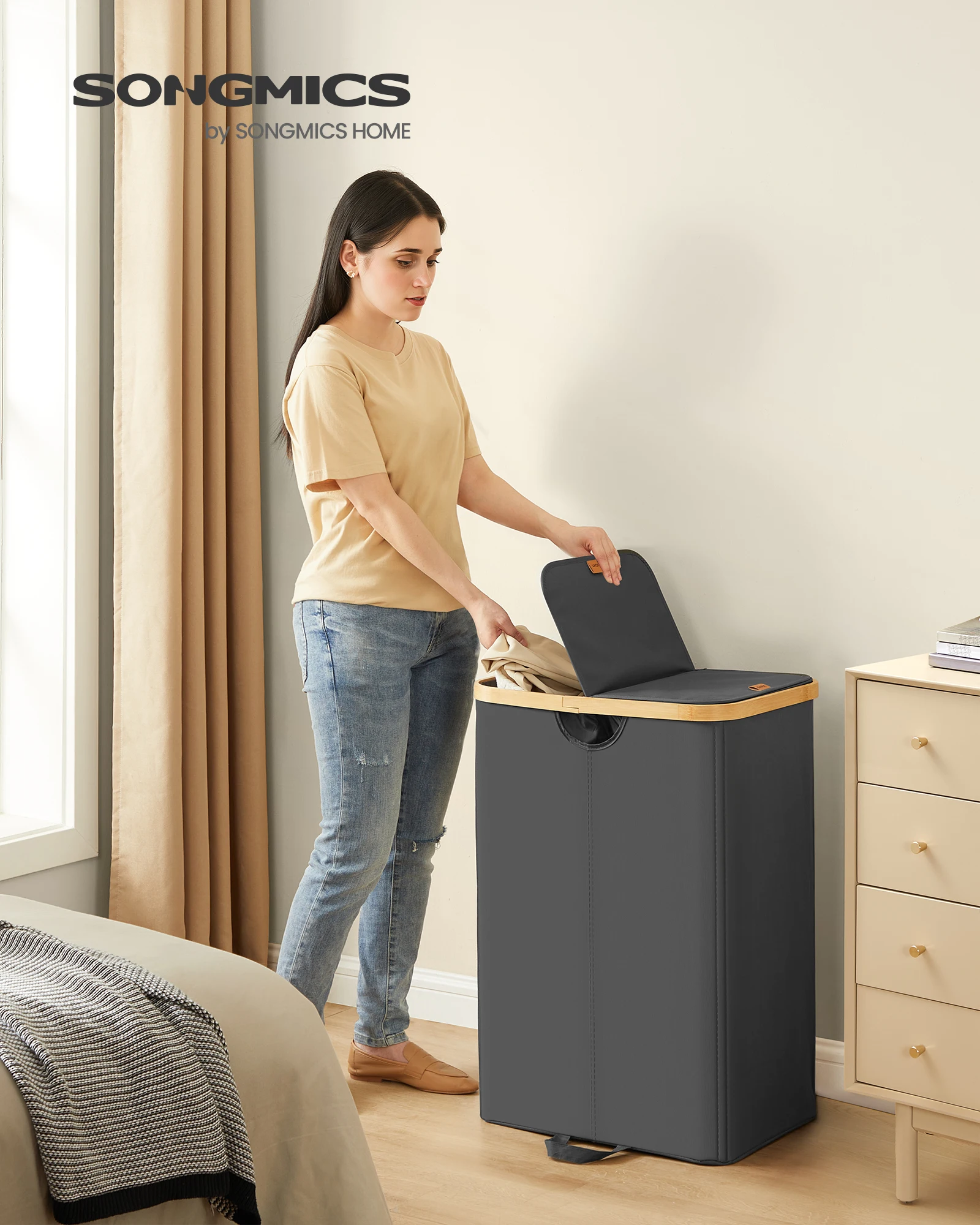 SONGMICS Wäschebox mit 2 Fächern, herausnehmbaren Wäschesäcken, Wäschesammler mit Deckel, für Schlafzimmer, Waschküche