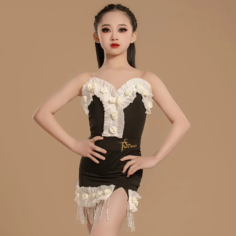 Traje de baile latino para niñas, Ropa de baile sin mangas, Espalda descubierta, mono de flores y faldas con borlas, vestidos de salón