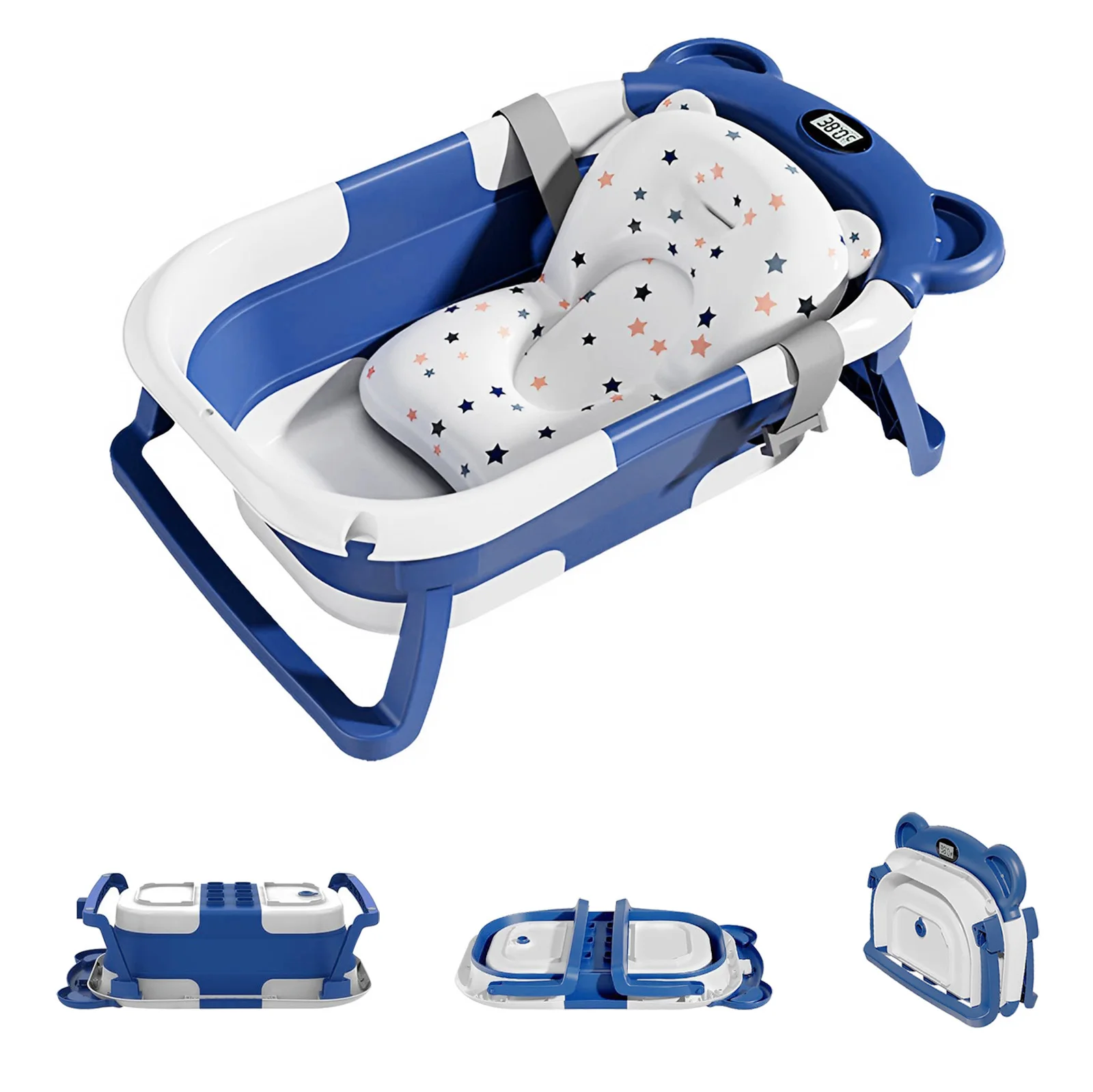 Zusammenklappbare Babybadewanne für Neugeborene mit Thermometer und 1 weichem schwimmendem Kissen, tragbare Reisebadewanne mit Abflussloch, Babywannen