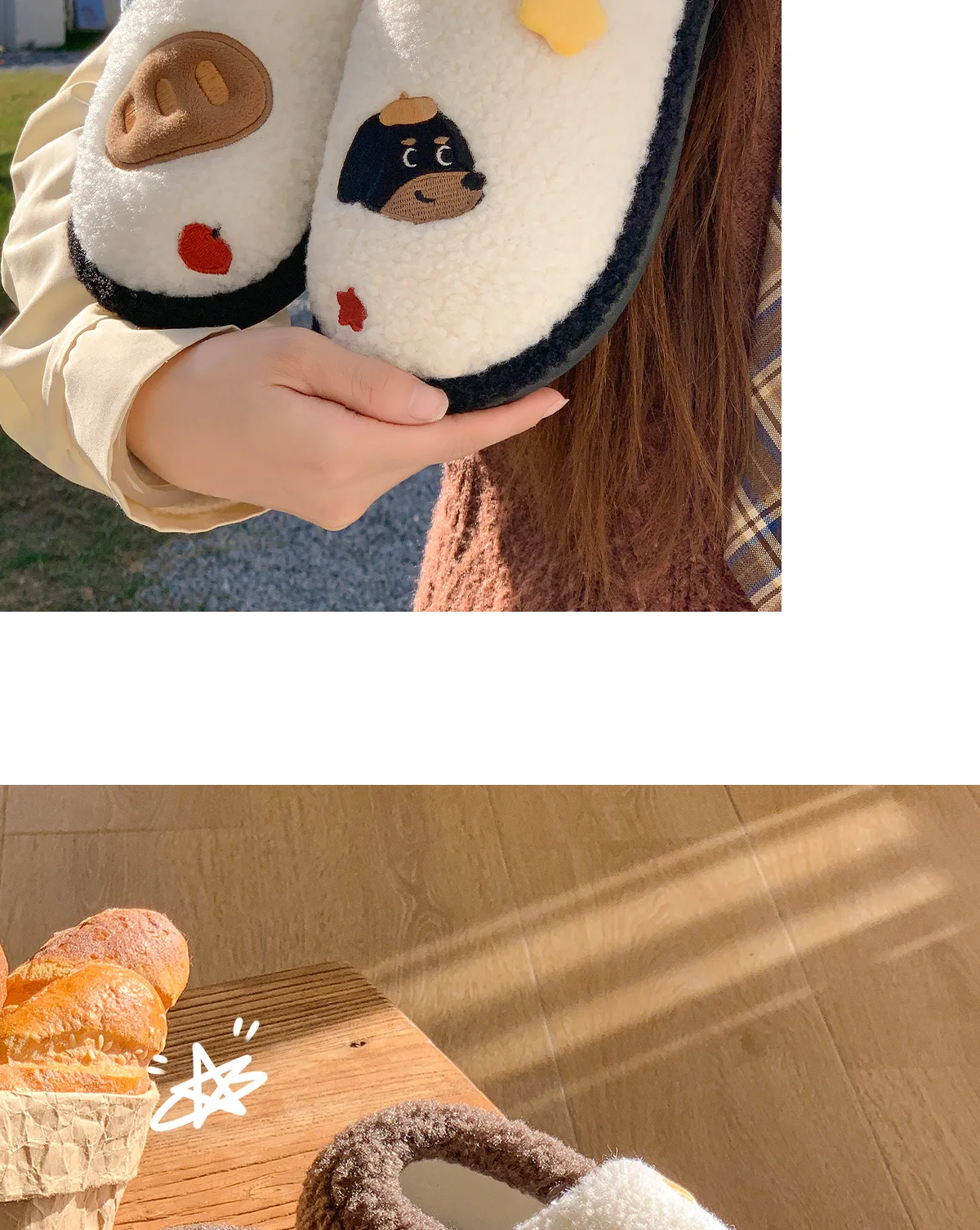 Damen-Hausschuhe mit Cartoon-Hundemotiv, geschlossener Rücken, warm, flauschig, weich, dicke Sohle, rutschfest, für den Winter, für drinnen. – Detail 8