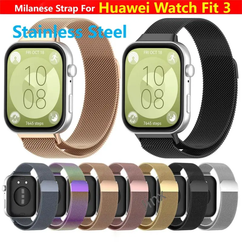 Correa de acero inoxidable para reloj inteligente Huawei, pulsera magnética Milanese Loop, Fit3, funda de muñeca, Correa