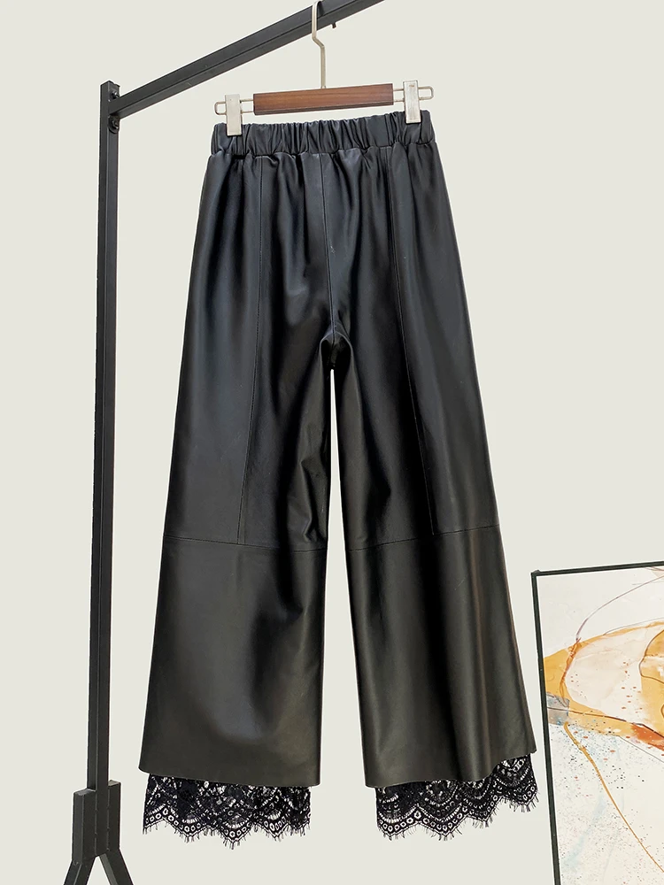 Design Lace Stitching Straight-Leg Pants Winter New High Quality Genuine Real Leather Women's Waist Sheepskin Trousers