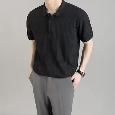 New Fashion 2025 Summer Men's Turn-down Collar Short Sleeve Solid Color T-shirts Casual Trendy
