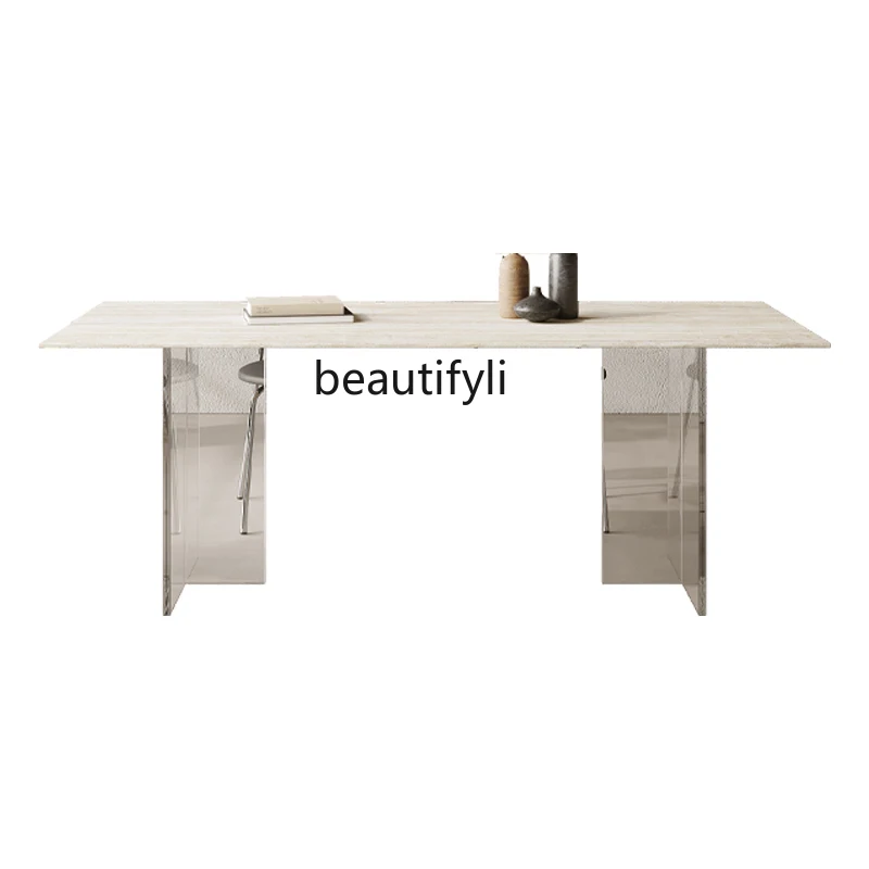 Acrylic suspended travertine rock slab dining table, antique retro simple square dining table