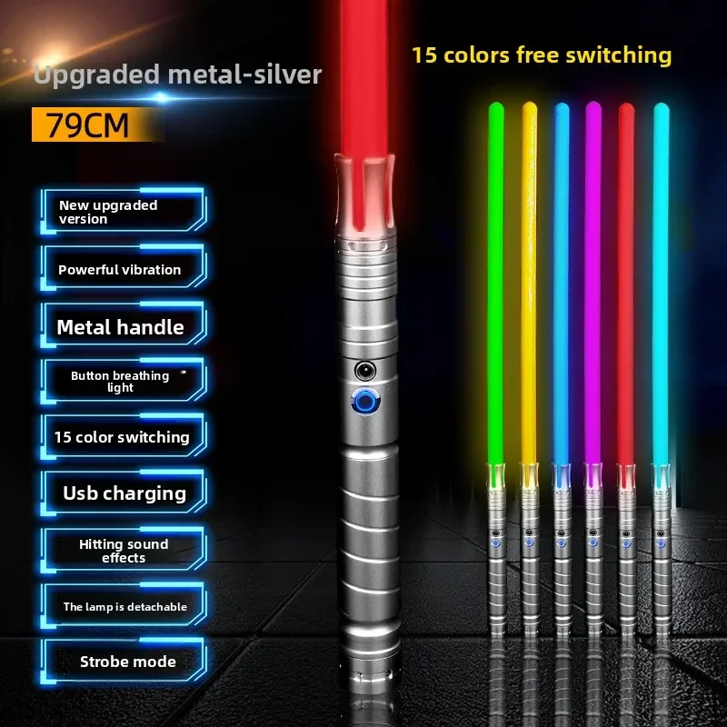 Giocattolo spada laser RGB - Spada vibrante in metallo con effetti luminosi colorati, spada laser sicura per bambini (16 colori)