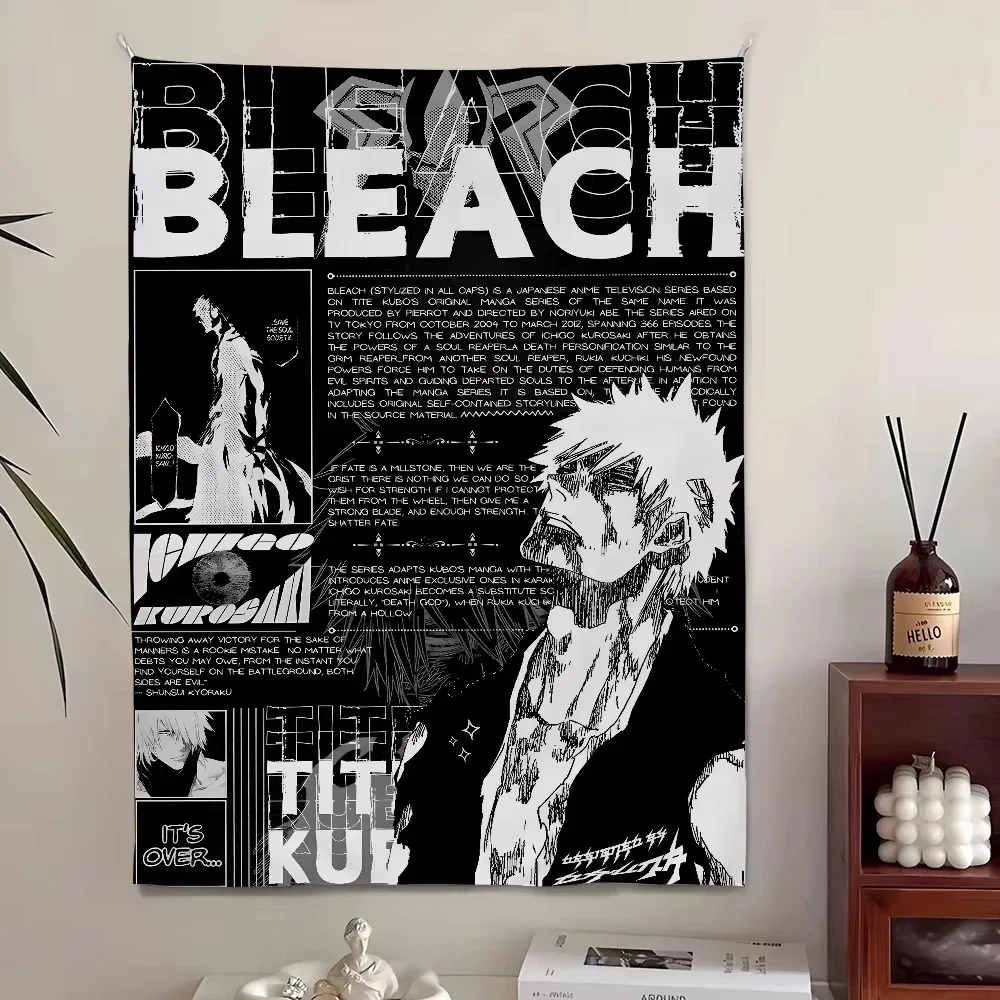 Tapiz de manga monocromático Bleach, varios tamaños, impresión de alta precisión, Ichigo Kurosaki, decoración de pared de poliéster con temática de anime