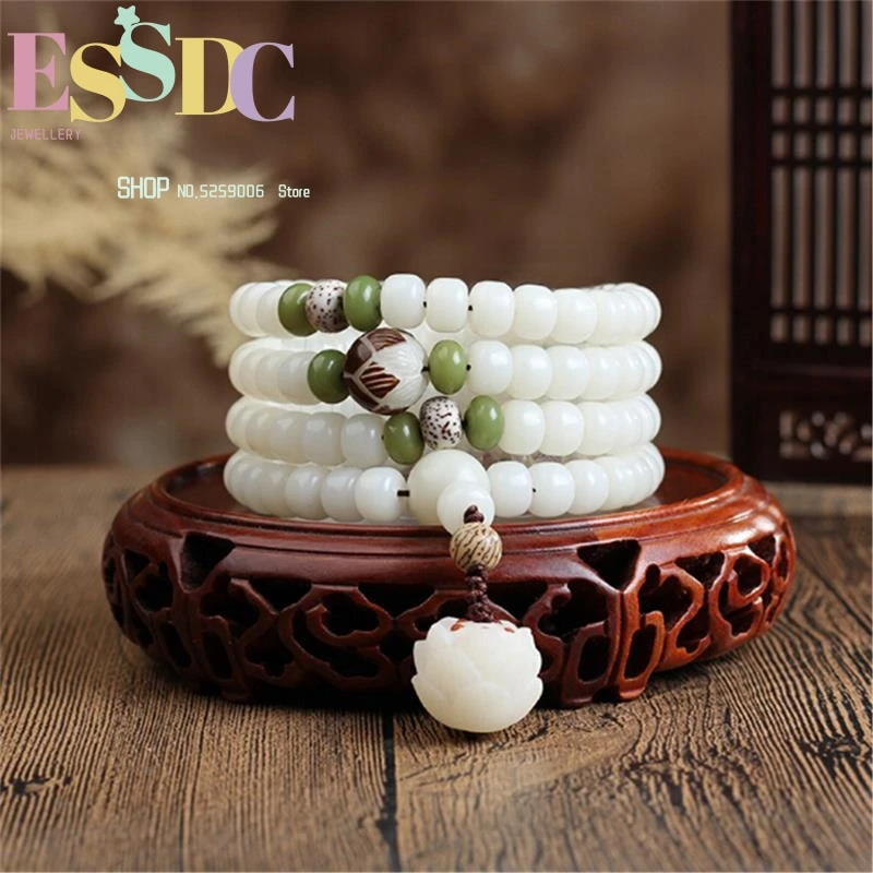 

New Design Natural White Bodhi Root Bucket Beads 108 Bracelet with Hand Carved Lotus Mala for Women and Men Jewelry Wholesale