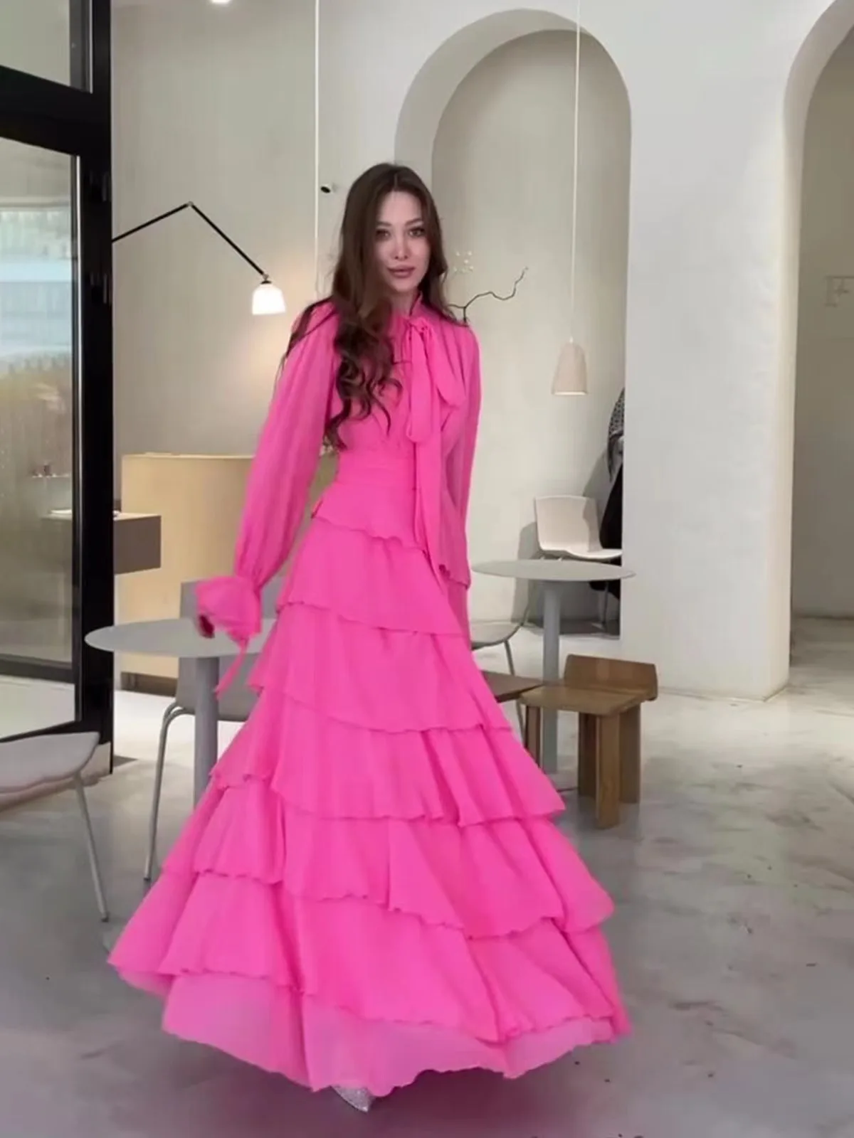 Rüschen Patchwork Chiffon ter Ne Long Dr Frühling Sommer Herbst Pendeln Sle mittlere Taille Long Sve Maxi Dr