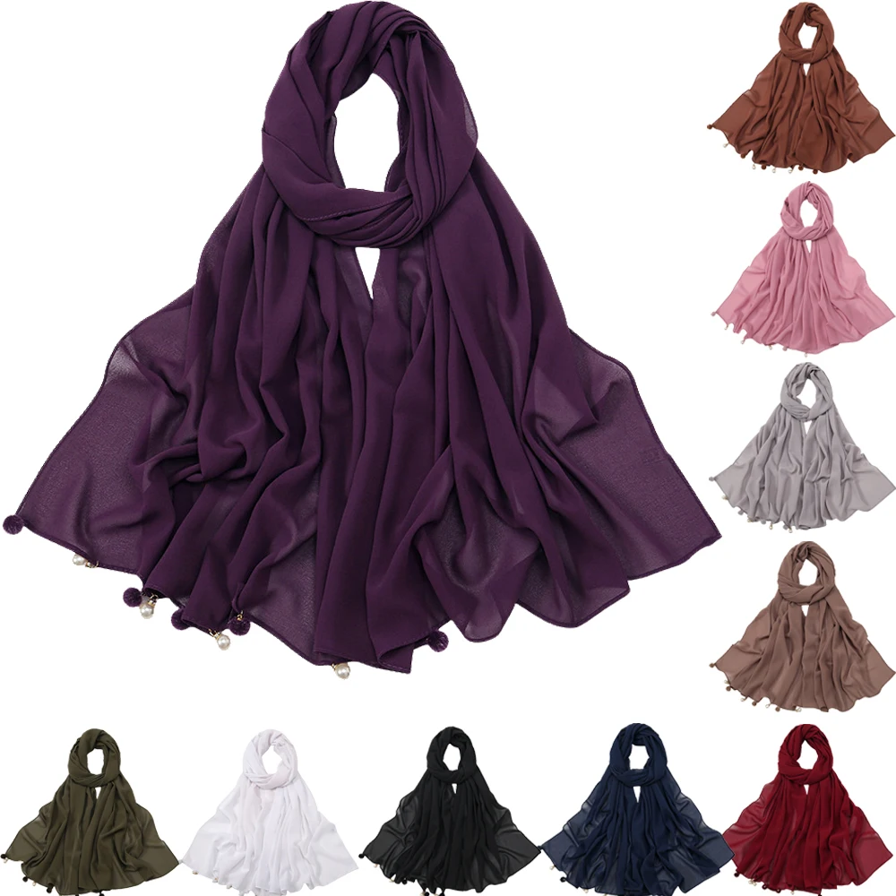 

Пузырьковый шифоновый хиджаб, длинный шарф, однотонный женский мусульманский тюрбан, бусины, шали с помпоном, повязка на голову, женский платок, шарфы, платок